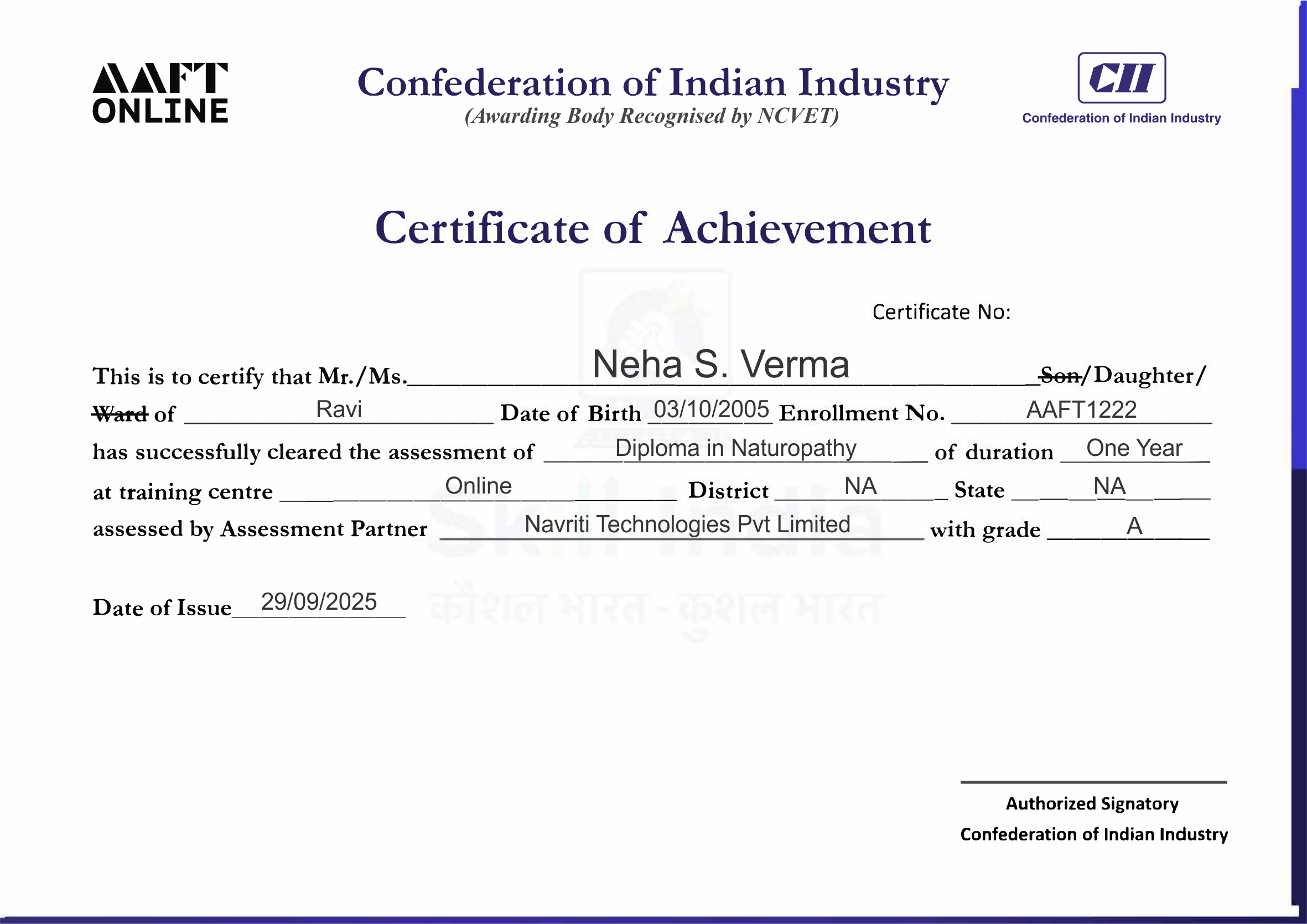 NSDC and Skill India certificate sample for AAFT Online diploma
