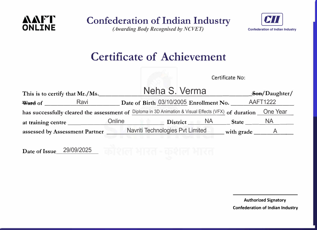 NSDC and Skill India certificate sample for AAFT Online diploma