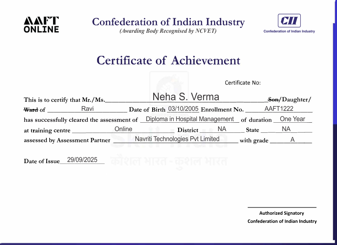 NSDC and Skill India certificate sample for AAFT Online diploma