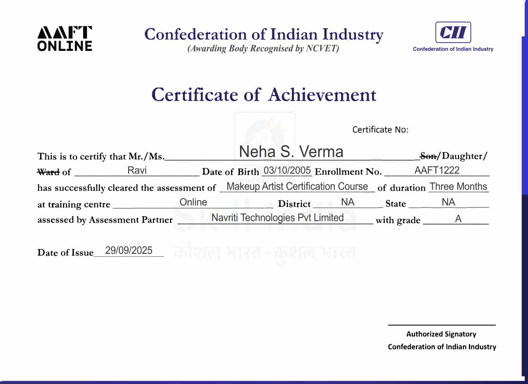 NSDC and Skill India certificate sample for AAFT Online diploma