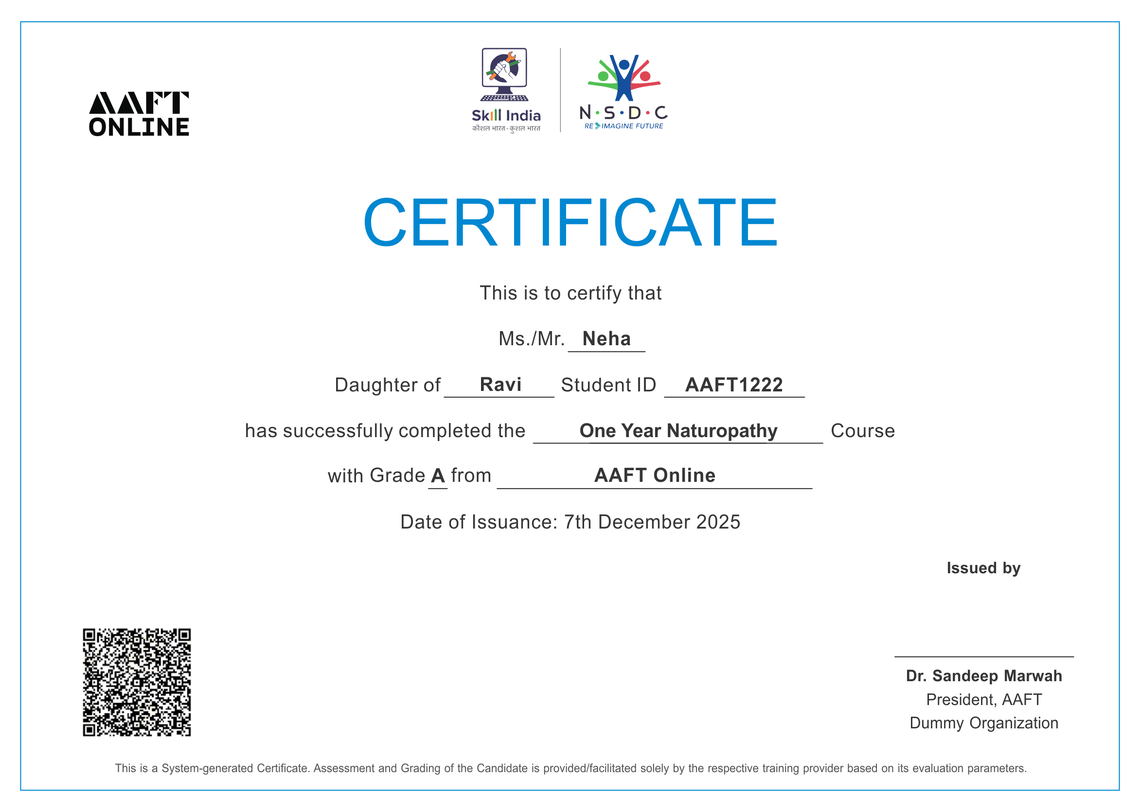 AAFT Online dual certification sample