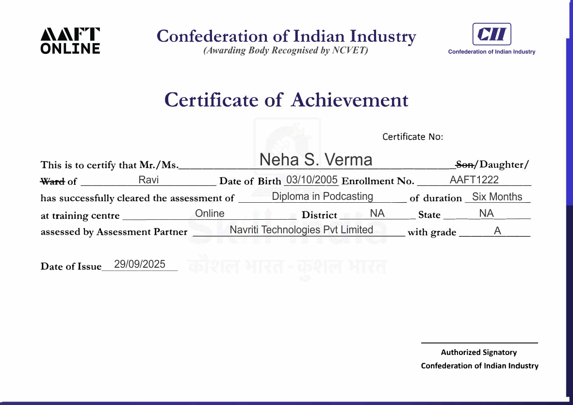 NSDC and Skill India certificate sample for AAFT Online diploma